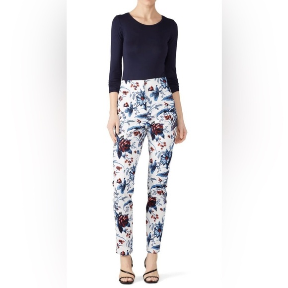 Diane Von Furstenberg Dakota White Rose Floral Skinny Trouser‎ Pants Size 12 - Picture 1 of 12
